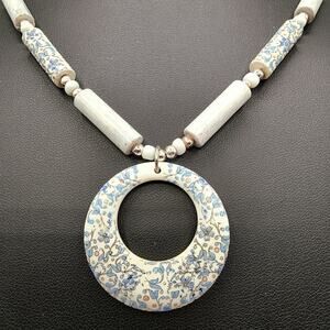 1970s Ceramic Tube Bead Necklace Blue Floral Pendant Boho Spring Flower Power